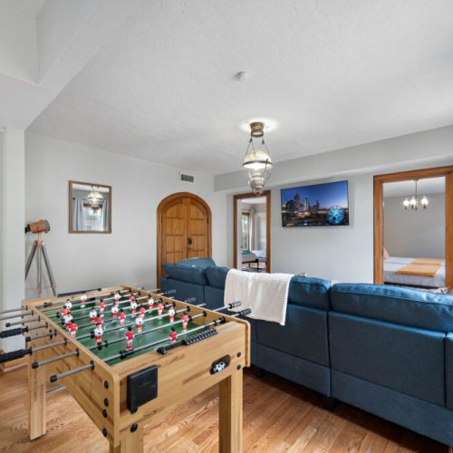 Foosball table included.
