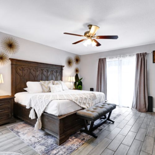 Primary bedroom with a king size bed!