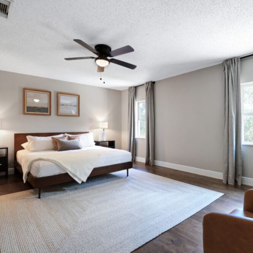 Primary bedroom with a king size bed!