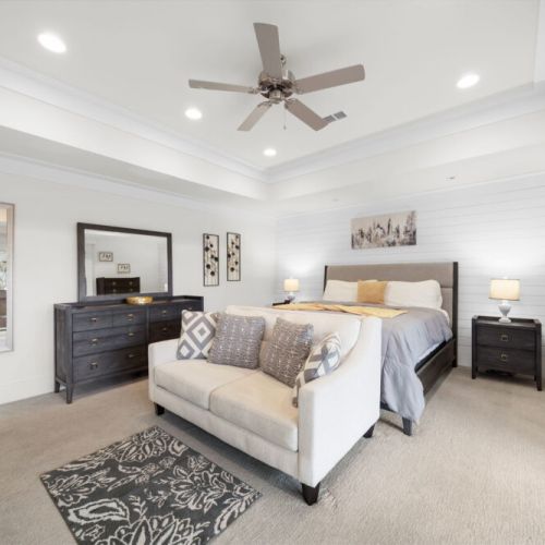 Primary bedroom with king size bed. Super comfortable mattresses.
