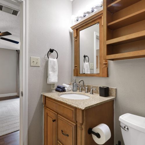 Primary bathroom is fully stocked with all you need. Makeup pads and q-tips included.