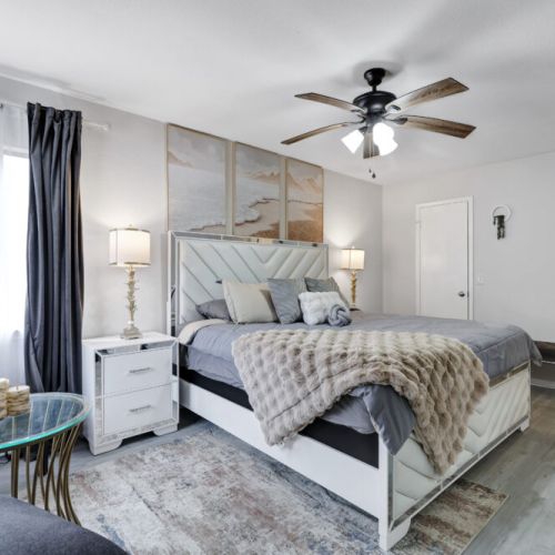 Primary bedroom with a king size bed!