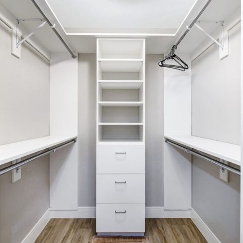 Fully equipped walk-in primary closet.