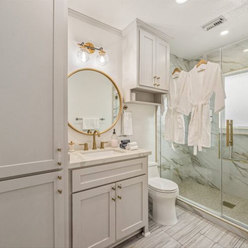 Primary bathroom is fully stocked with all you need. Makeup pads and q-tips included.