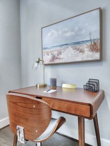 Cozy workspace with a stylish desk and natural light