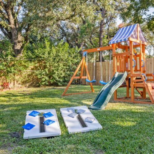 Let the kids run wild in our awesome playhouse, then gather the whole crew for a friendly cornhole showdown!