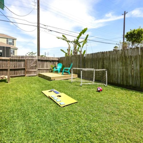 Grill, table/chairs, soccer set, cornhole set, football, volleyball set.