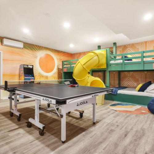 Enjoy our fun-filled game room, designed for guests of all ages! Challenge your group to a game of ping-pong, enjoy the arcade machine and board games, or let the little ones have a blast on the built-in slide. There’s something for everyone!