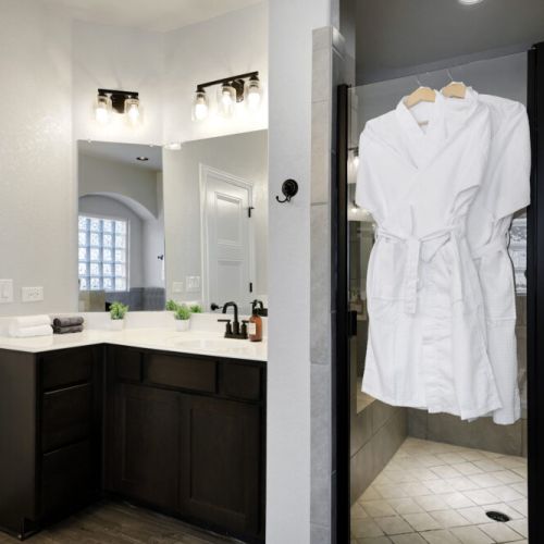Towels and white robes included.