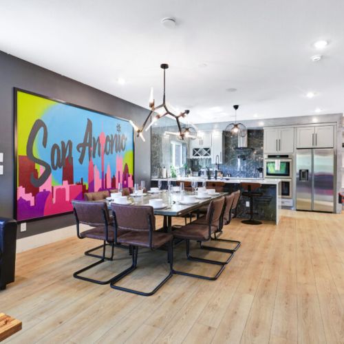 Spacious dining table that sits 10 with full tableware and silverware included.