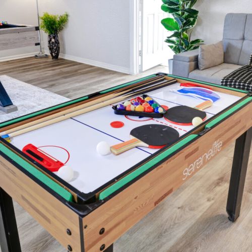 Challenge your friends to a foosball, pool, air hockey, or ping pong tournament with the multi game table!