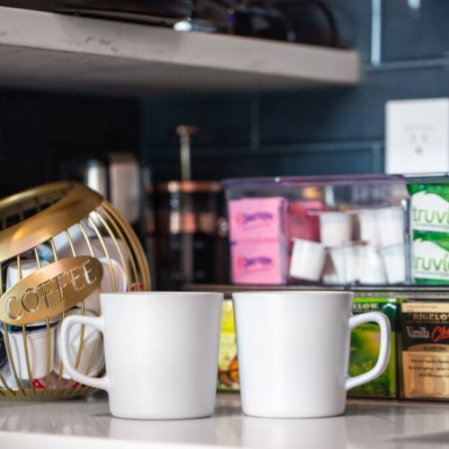 Keurig coffee machine + drip coffee machine + French press with complimentary coffee pods, coffee, tea, sugar, cream, and sweetener