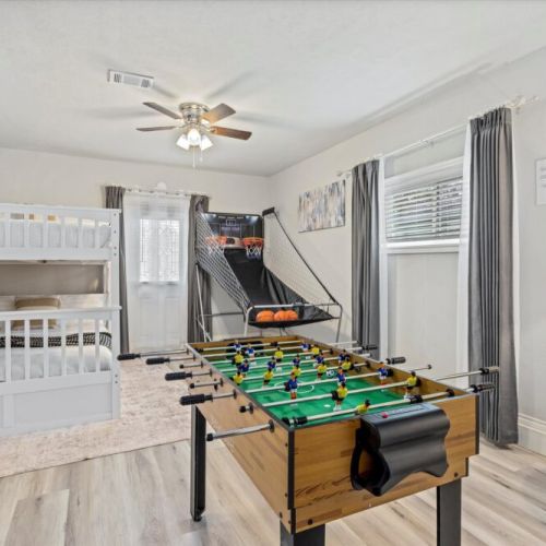 Enjoy endless fun in our game room with a multi game table (foosball + pool + ping pong + air hockey) and a basketball arcade for the perfect hangout!
