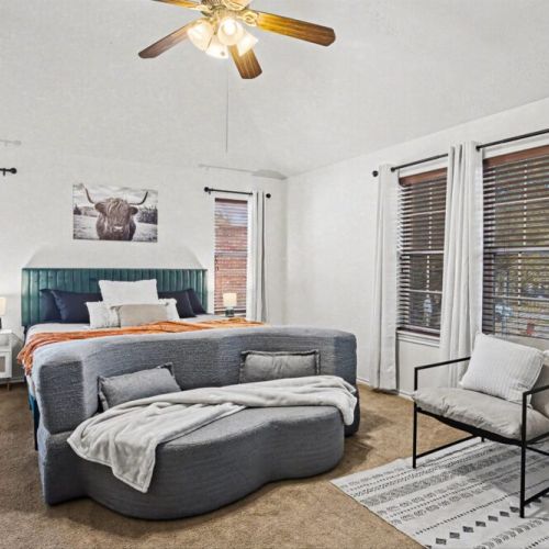 Primary bedroom with a king size bed!