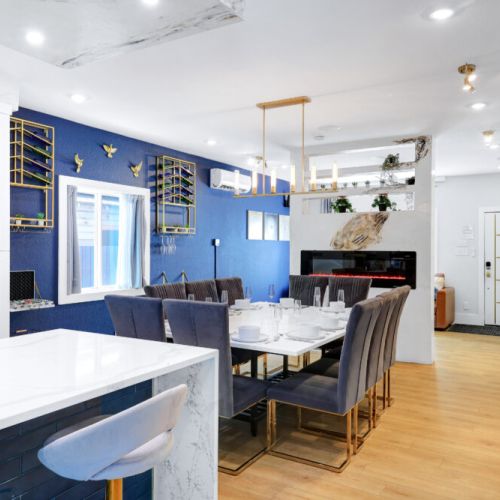 Relax in this comfortable dinner space and enjoy food and drink!