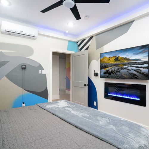 Smart TV with electric fireplace.