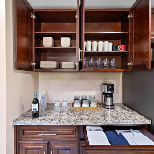 Coffee bar includes regular coffee, decaf, tea, sugar, cream, and sweetener.
