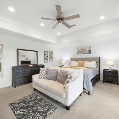 Primary bedroom with king size bed. Super comfortable mattresses.