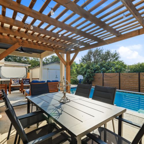 Outdoor dining table included for maximum comfort.