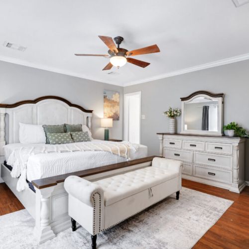 Primary bedroom with a king size bed!