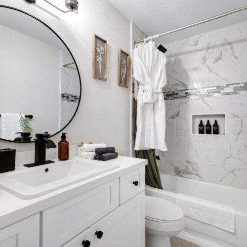 Primary bathroom is fully stocked with all you need. Makeup pads and q-tips included.