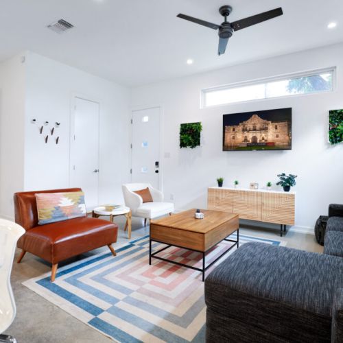 Spacious 2-story house with high ceilings.