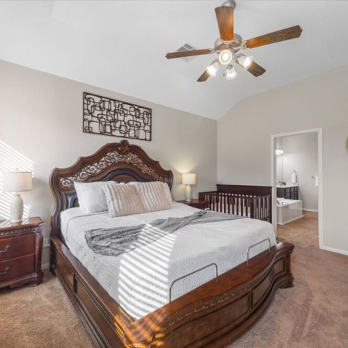 Primary bedroom with a king size bed!