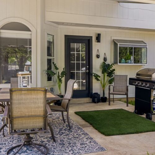 Outdoor dining table included for maximum comfort.
