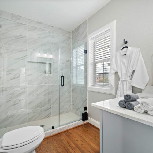 Bathroom  is fully stocked with all you need. Makeup pads and q-tips included.