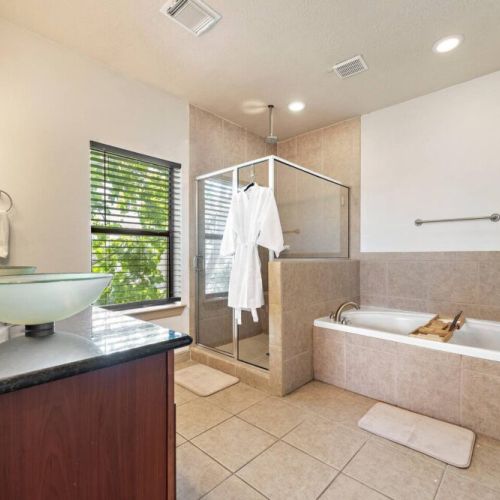 White robes included. Pour yourself a glass of wine, sit back & relax.