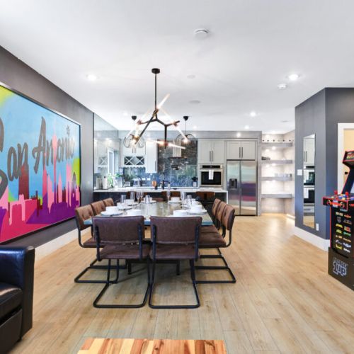 Large dining area with arcade games.