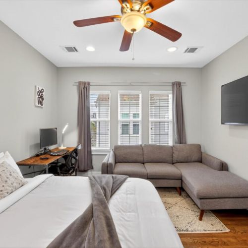 One of our dedicated workstations, equipped with a monitor and ergonomic chair.