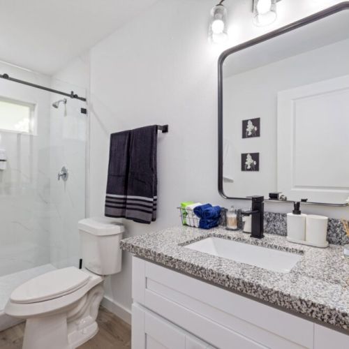 Bathroom is fully stocked with all you need. Makeup pads and q-tips included.