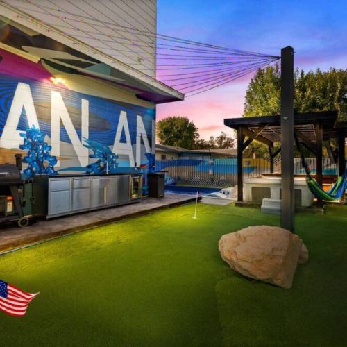 From the lush green mini-golf to the cool blue pool, every corner of this patio is designed to inspire energy and joy