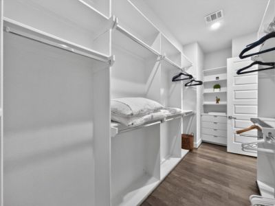 Fully-equipped primary bedroom closet.