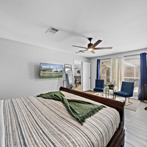 TV included. Office space with desk and comfortable chair included.