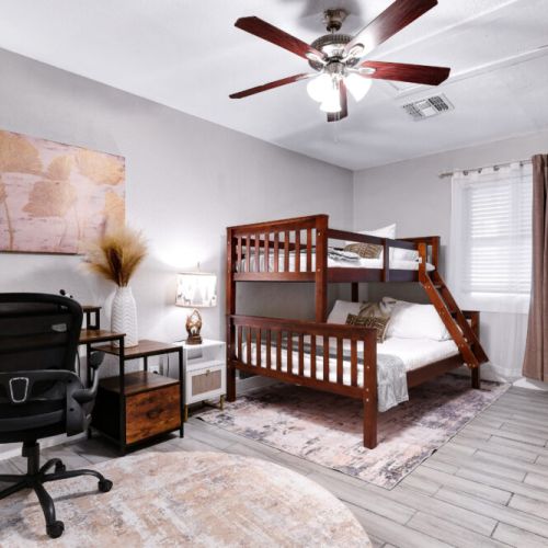 4th bedroom with 1 twin size bed and 1 full size bed (bunk bed). Dedicated workspace included.