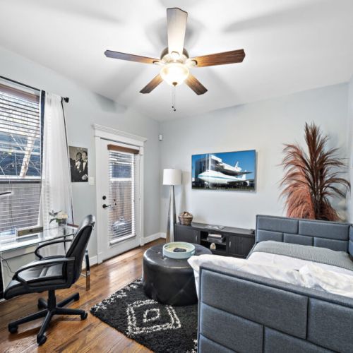 Desk and comfortable chair included so you can stay productive remotely.