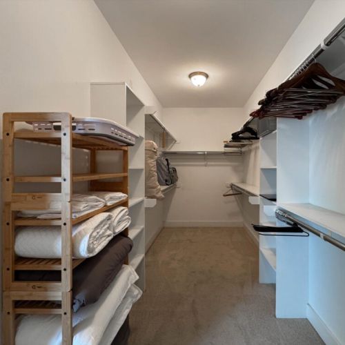 Fully equipped walk-in primary closet.