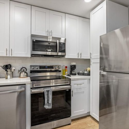 Stainless steel appliances. Coffee bar with drip coffee machine and complimentary coffee, tea, sugar and cream included!
