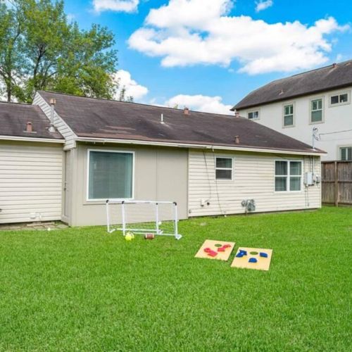 Grill, table/chairs for 6, soccer set, cornhole set, and football.