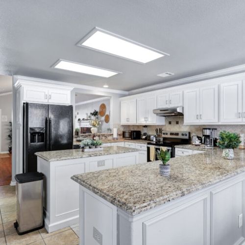 Stainless steel appliances. Fridge does NOT dispenses water or ice.