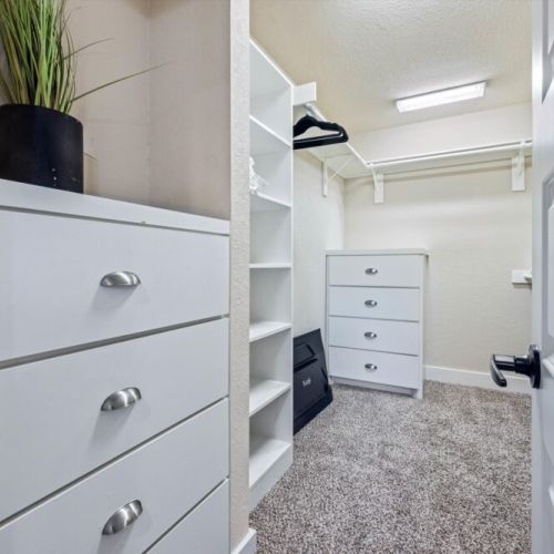 Fully-equipped primary bedroom closet.