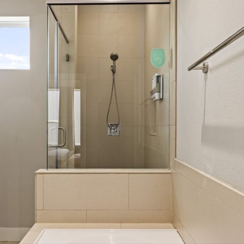 White robes and towels included.