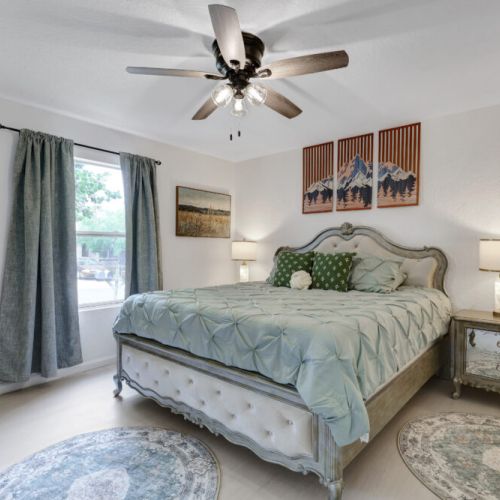 Primary bedroom with a king size bed!