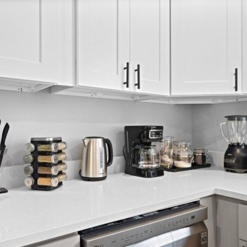 Coffee bar includes coffee, tea, sugar, and cream.