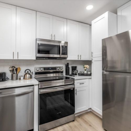 Stainless steel appliances. Coffee bar with drip coffee machine and complimentary coffee, tea, sugar and cream included!