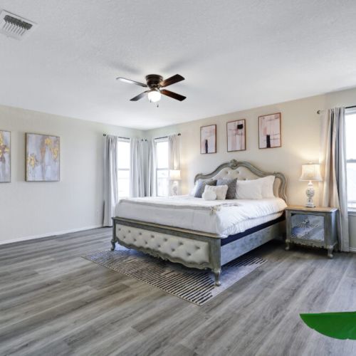 Primary bedroom with a king size bed!