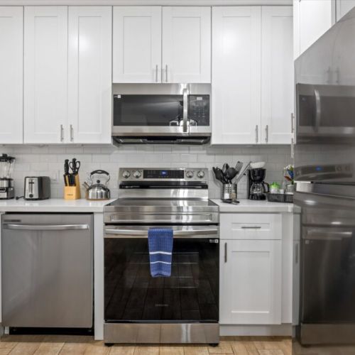 Stainless steel appliances. Coffee bar with drip coffee machine and complimentary coffee, tea, sugar and cream included!