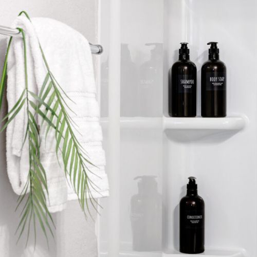 Shampoo, conditioner, body wash, and body soap included for maximum comfort.